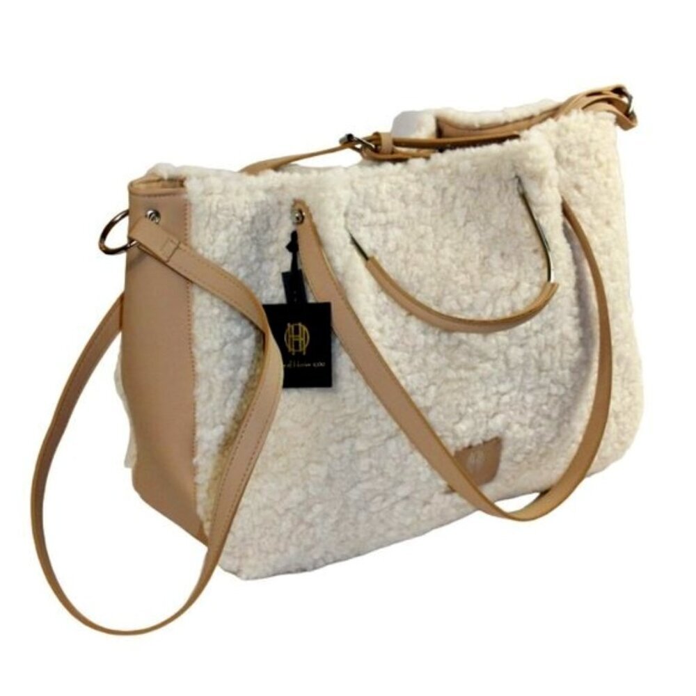 House of Harlow 1960 TanCream Sherpa Shearling Jumbo Tote W/ Detachable Wristlet - Picture 4 of 12